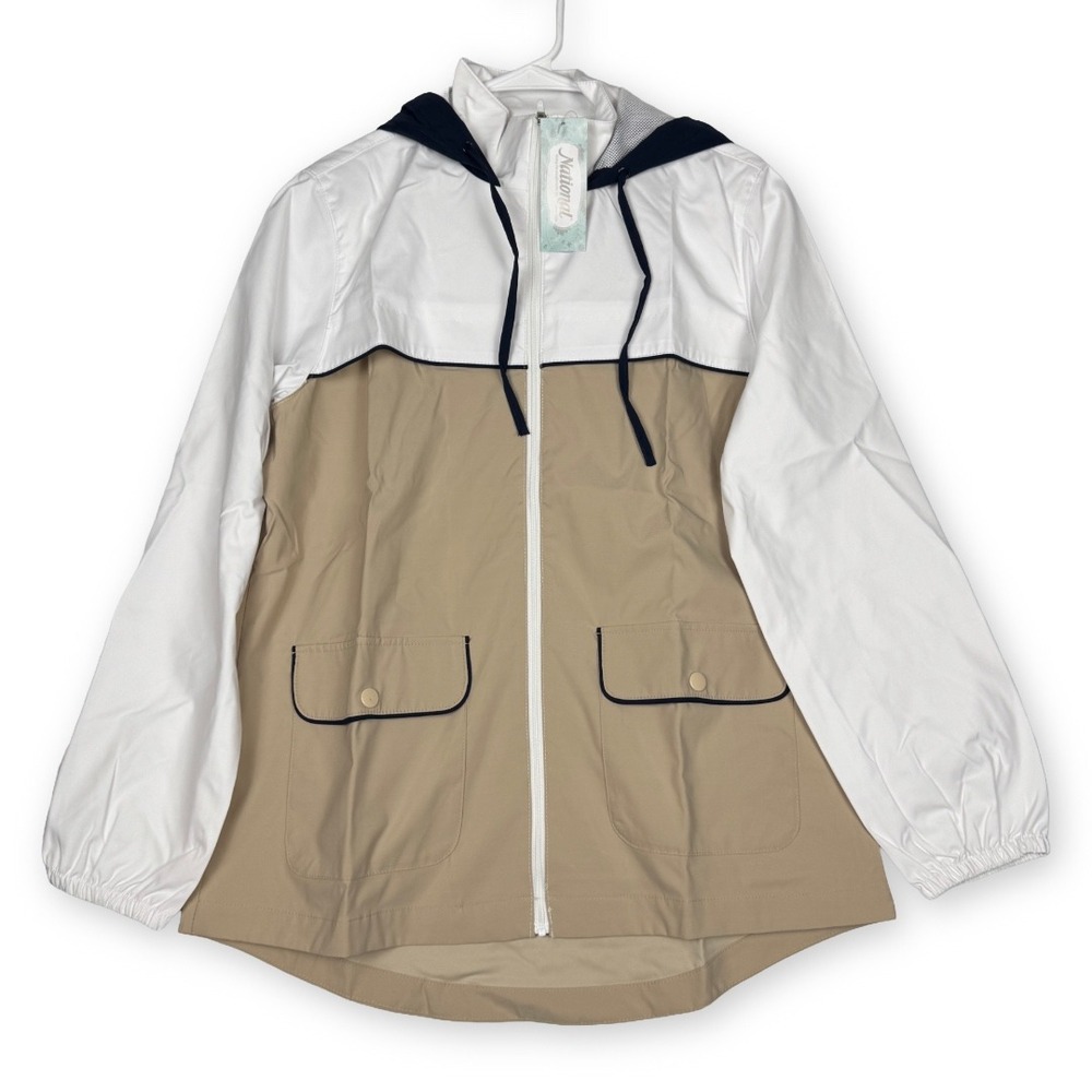 National Women Colorblock Hooded Windbreaker Jacket White Tan Navy Blue L 23939